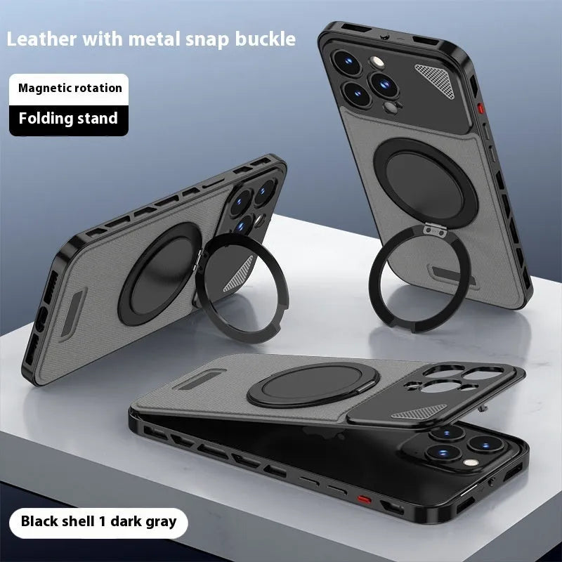 Aluminium alloy leather phone case with rotating bracket and magnetic suction for Apple iPhone, black brown colour
