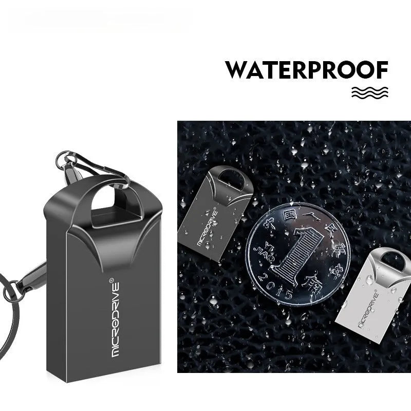 Compact black and silver metal USB flash drive on a white background, showing mini size.