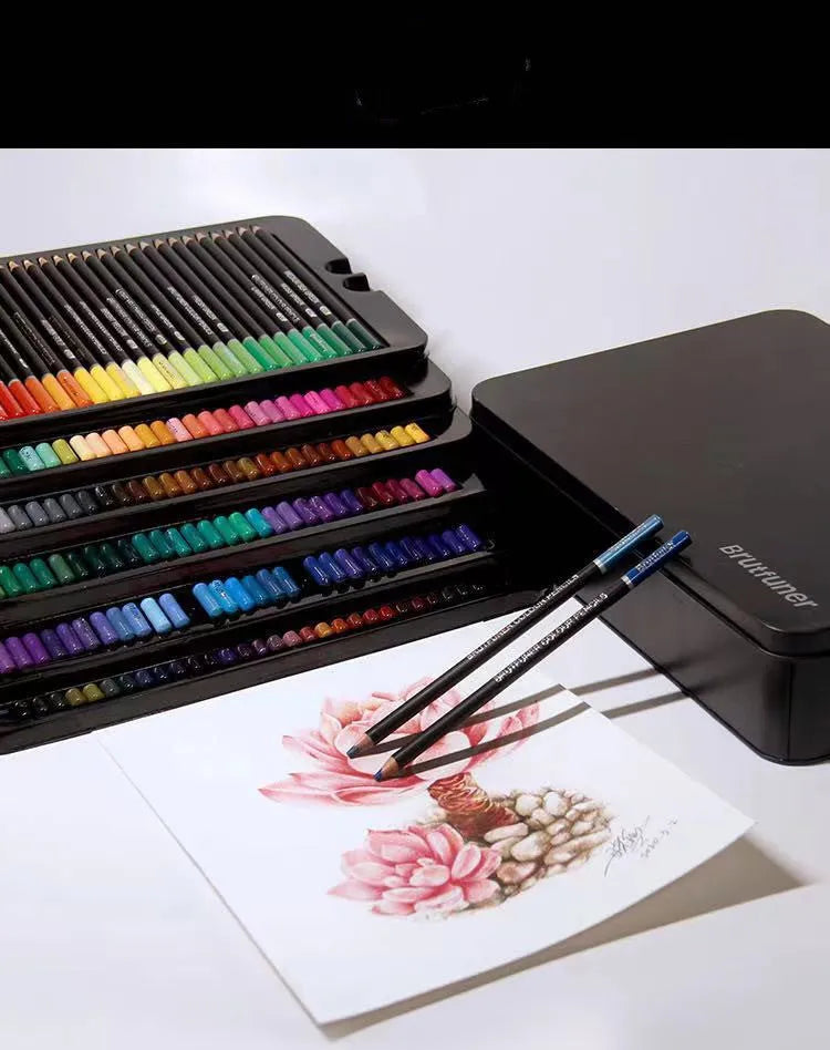 Wooden oil-based coloured pencils in a metal tin, showing vibrant rainbow colours suitable for brush painting.