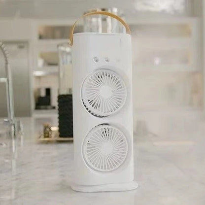 Portable Dual-Headed Evaporative Humidifier Fan with Adjustable Airflow, Quiet Operation, and Compact Design