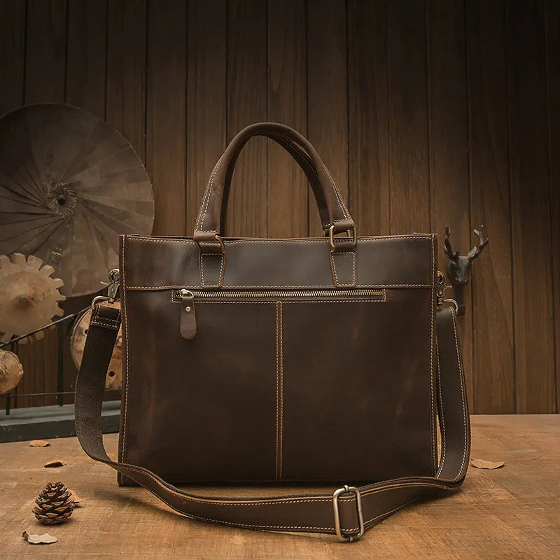 Handmade vintage dark brown top layer cowhide men's briefcase with 15-inch laptop slot and internal pockets