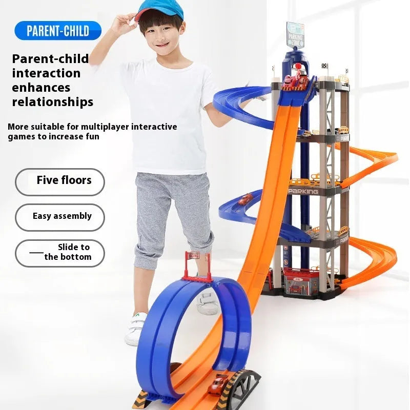 Two-lane competition 5-storey 8-car parking lot toy in plastic with electric manual dual mode, English version T705