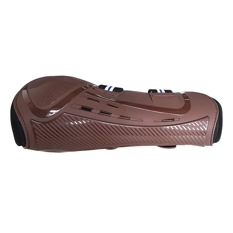 Horse leg guards with PU hard shell, elastic neoprene fit, and ventilation air holes in multiple colour options