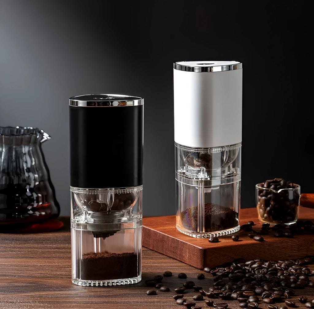 Frosted white portable electric coffee grinder with ceramic burr and USB-C charging port.