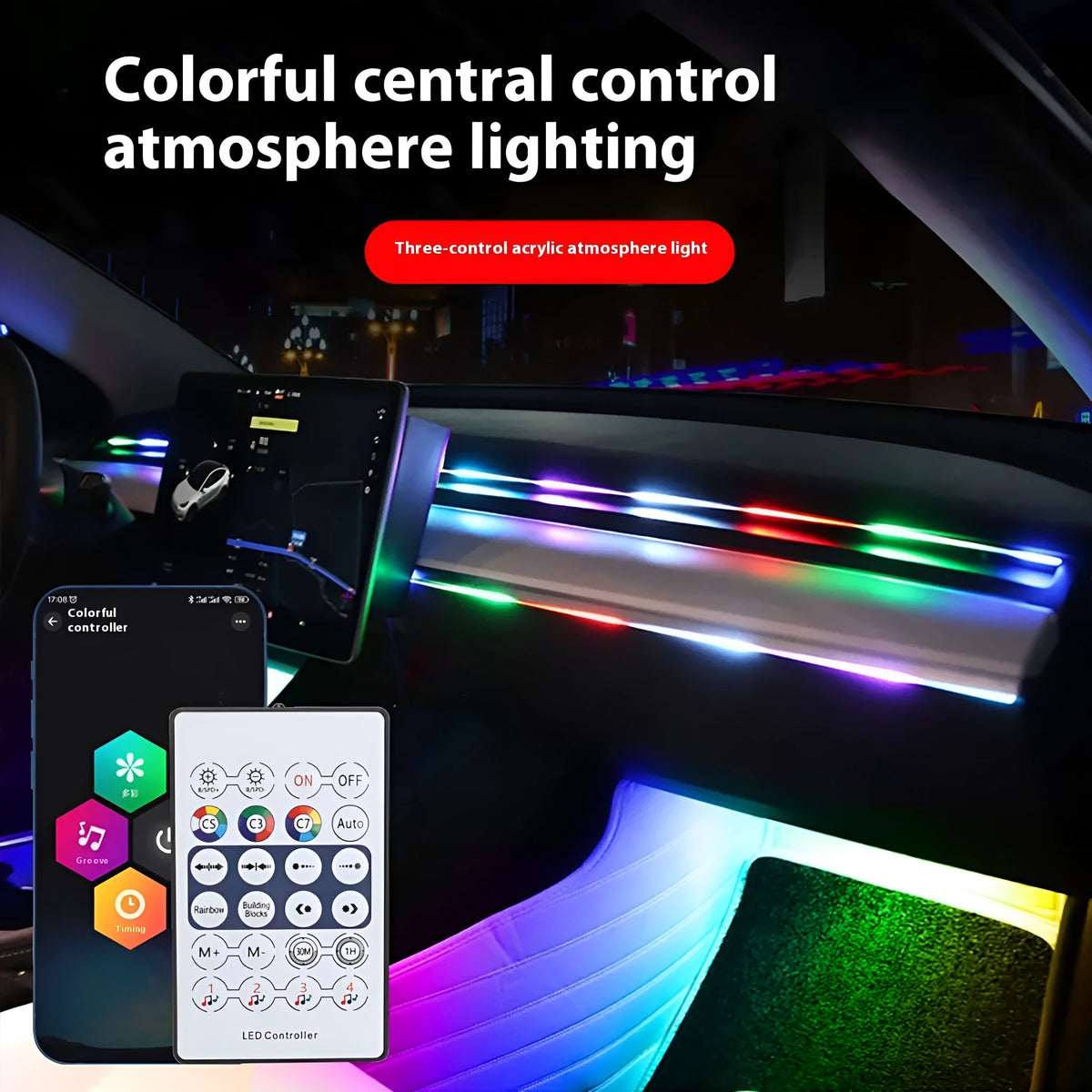 Magic Color car interior central control LED ambience light modification with remote control and app.