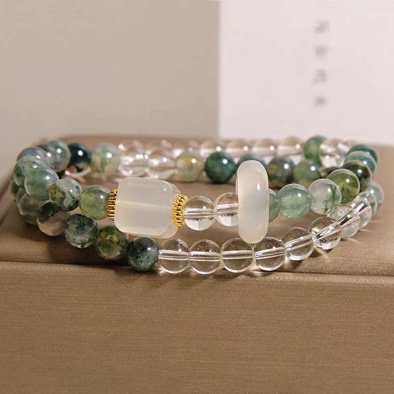 Green grass agate crystal bracelet for women with double circle white agate cube sugar flexible ring