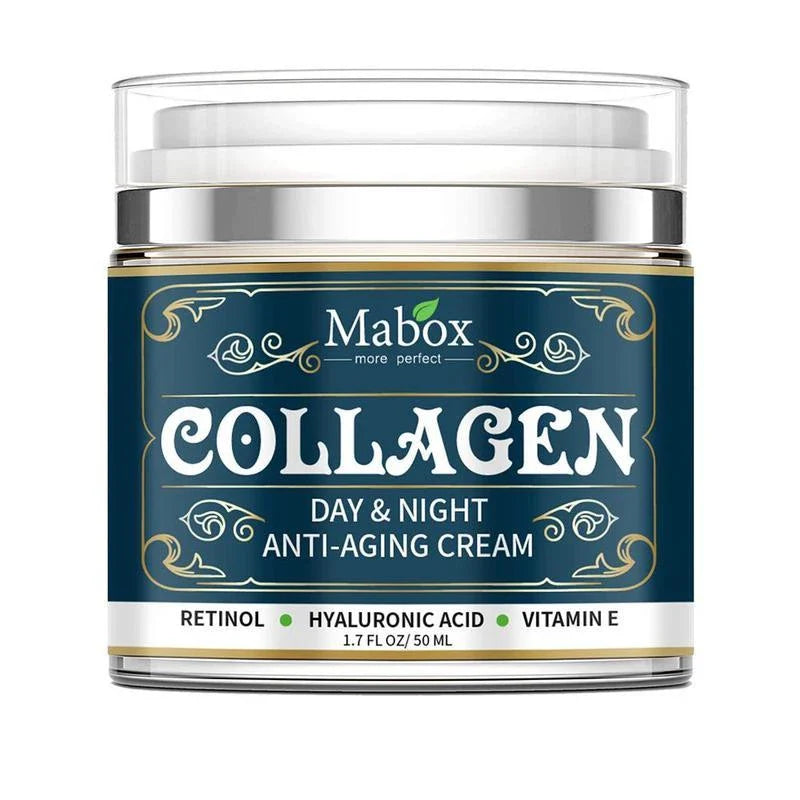 Collagen face cream in a blue container, designed to hydrate and rejuvenate the skin for a youthful, radiant appearance.