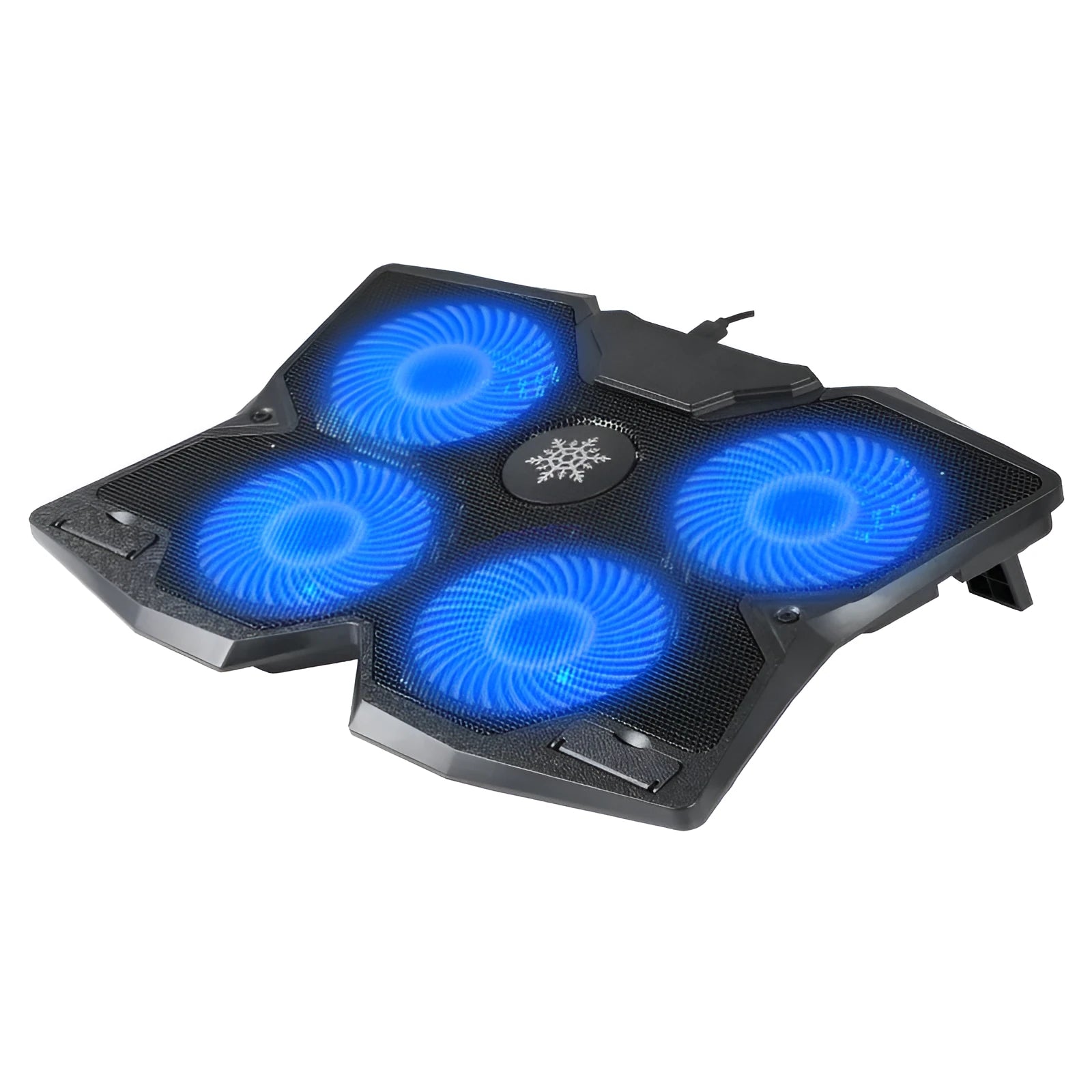 Black plastic notebook cooler with four fans and USB ports for laptop cooling