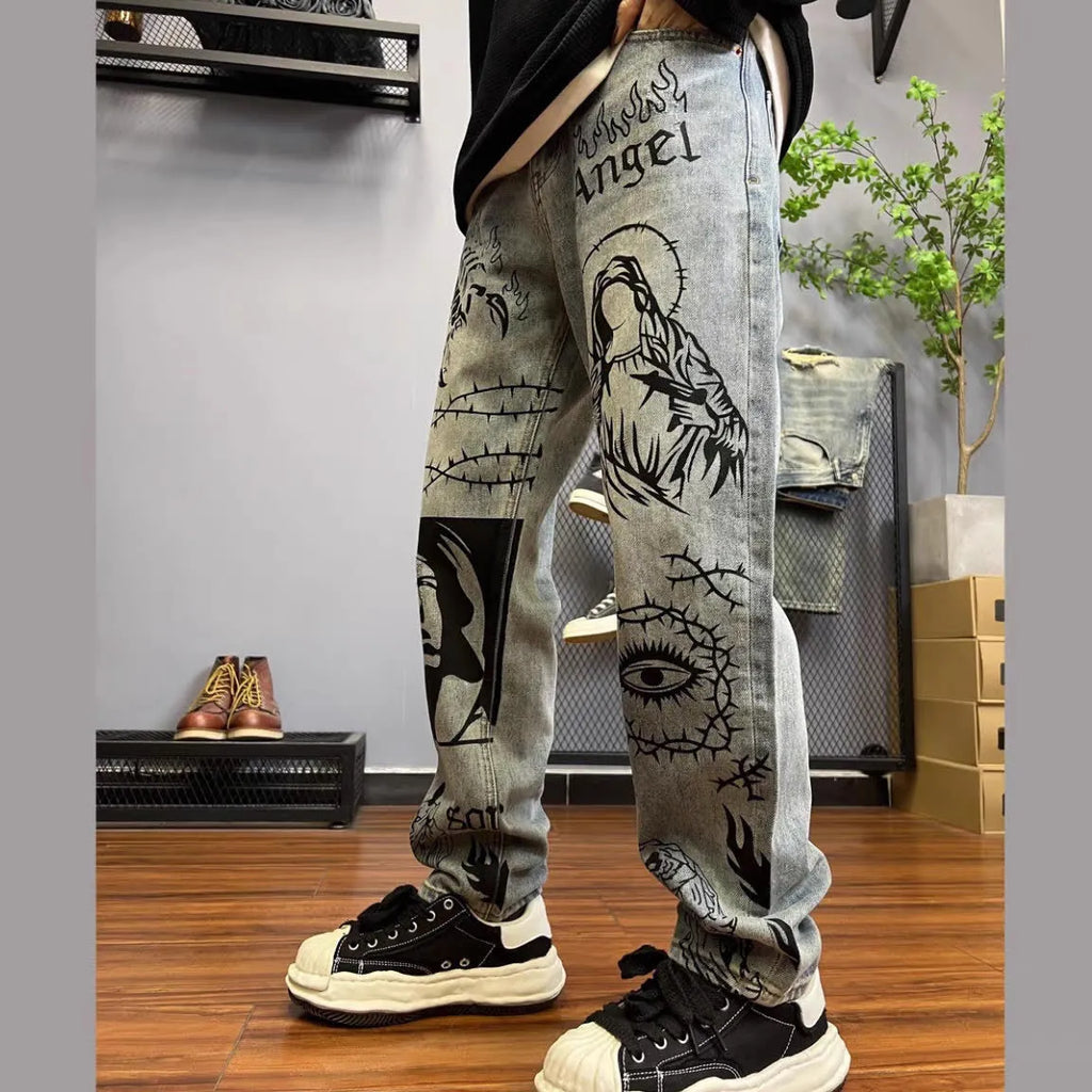 Slightly pulled doodle hand drawn dirty gradual change black to grey low waist jeans