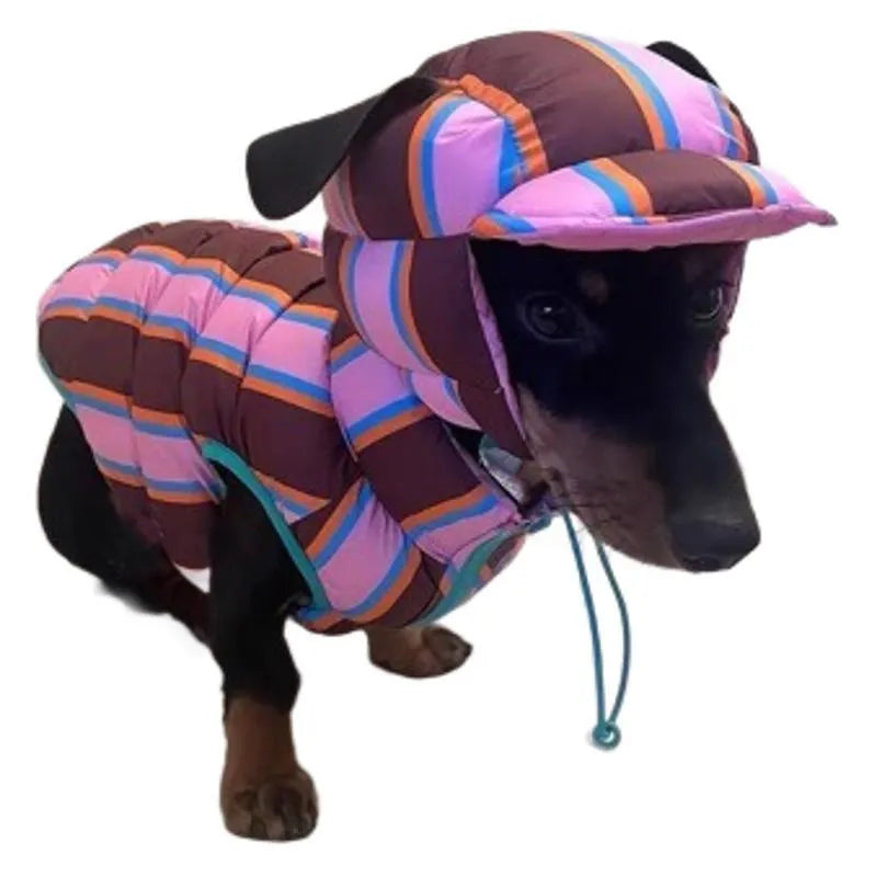 Dirty pink striped dog vest with matching hat for autumn and winter wear