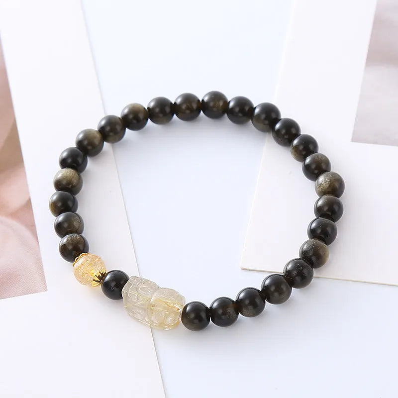 Natural obsidian Pi Xiu bracelet with zodiac motifs in ethnic retro style for men and women