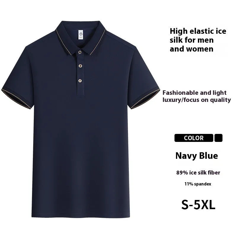 Short sleeve waiter work shirt in black polyester-acetate fabric with regular sleeves, front view on model.
