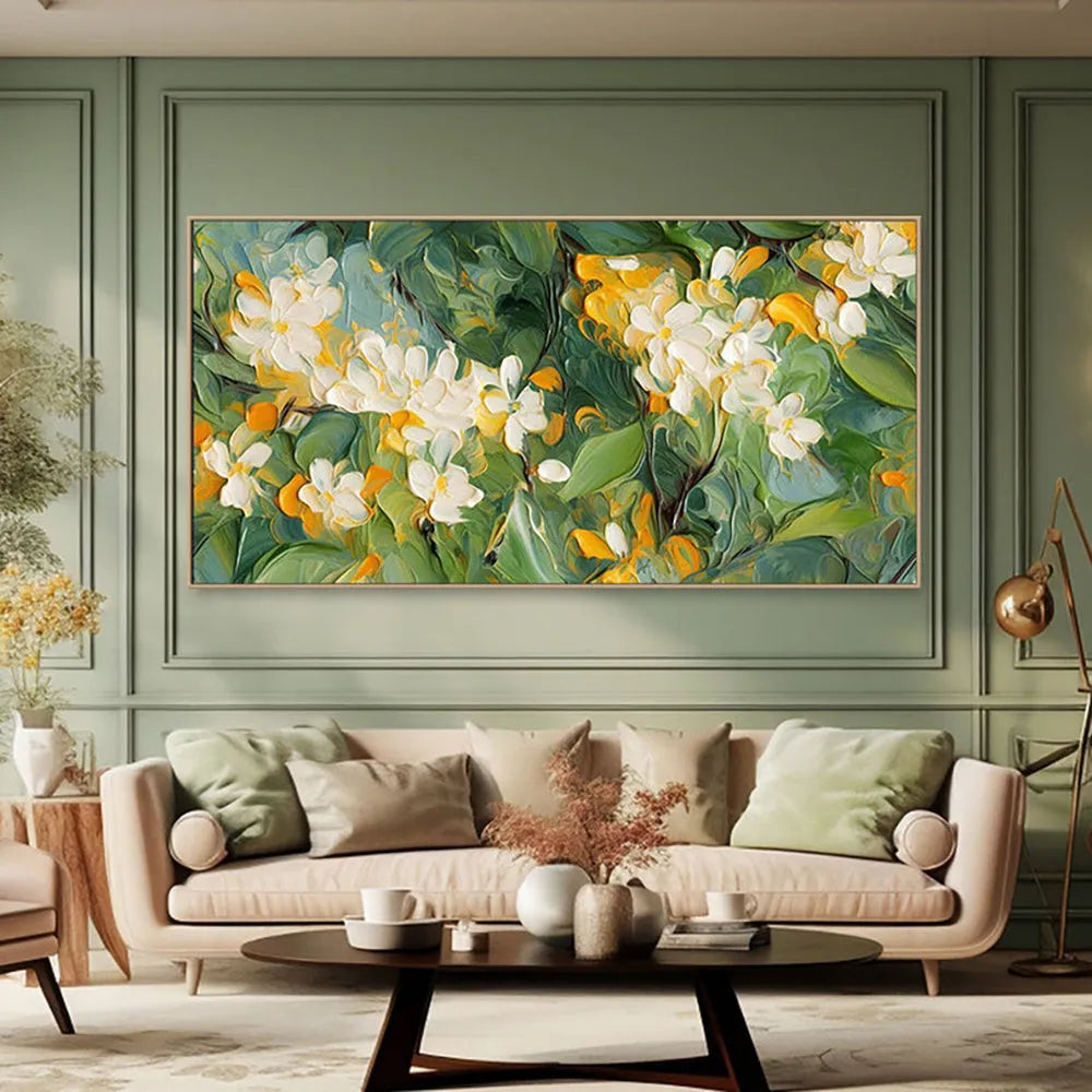 Handmade abstract floral oil painting on canvas with 3D texture, crabapple blossoms, frameless rolled artwork