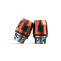 Pair of anodised aluminium fork cups for electric car or motorcycle front axle, shown in blue colour