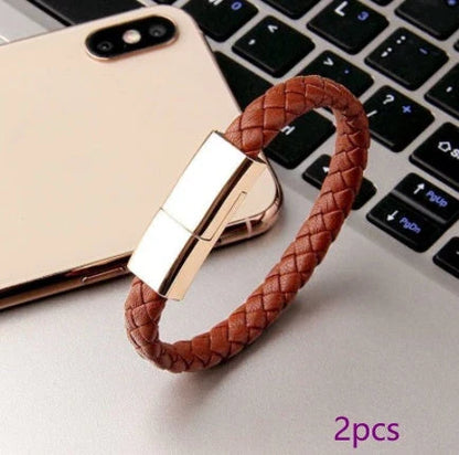 Stylish leather bracelet charging cable for iPhone, Android, and USB-C devices in various colors and sizes