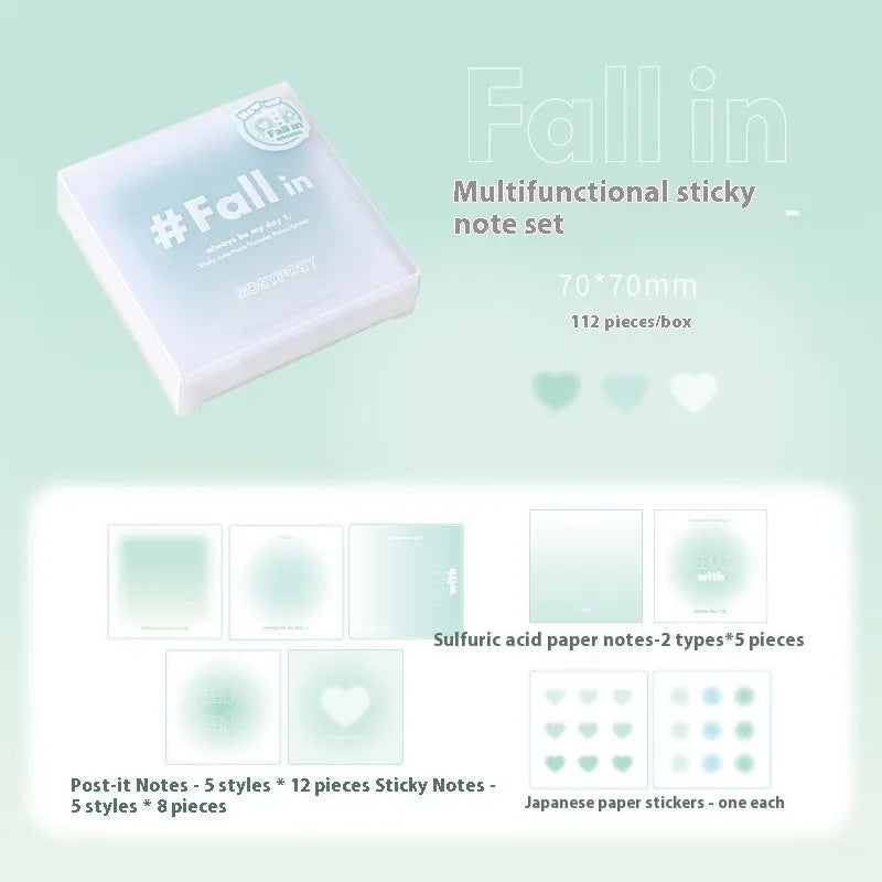 Square 70mm gradient colour multifunctional notepad showing sticky notes, plain paper, and parchment sheets.
