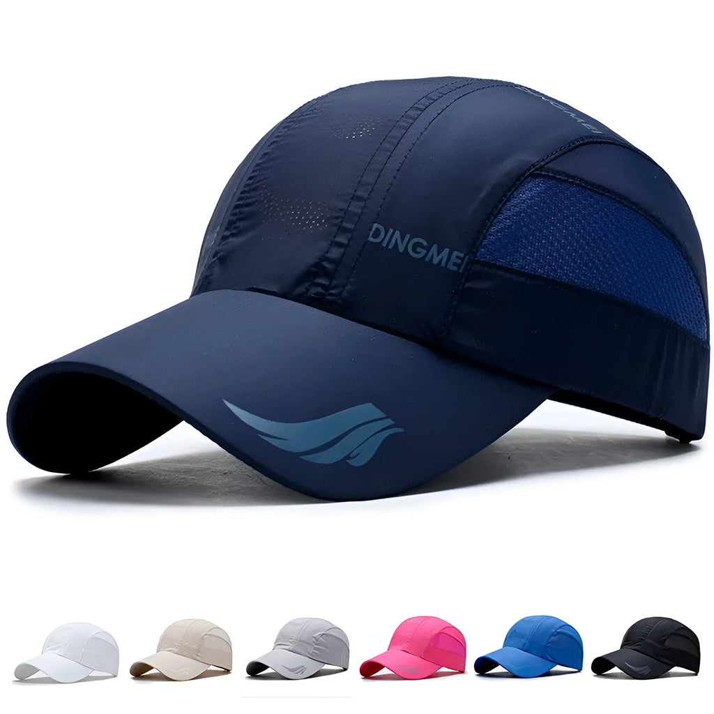 Quick-drying outdoor sun hat with dome crown and machine embroidery in summer colours