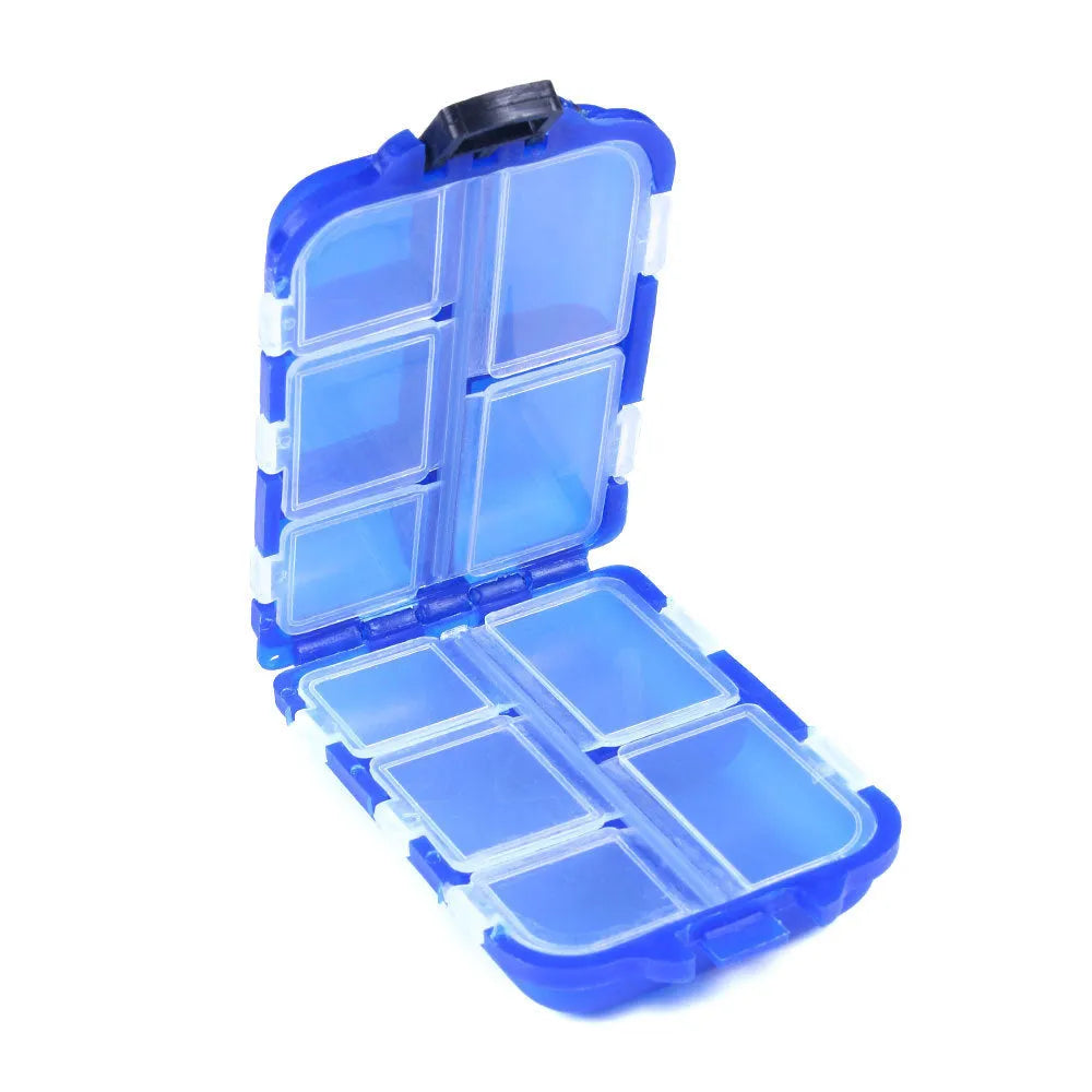 Black plastic storage box with ten internal compartments for fishing tackle.