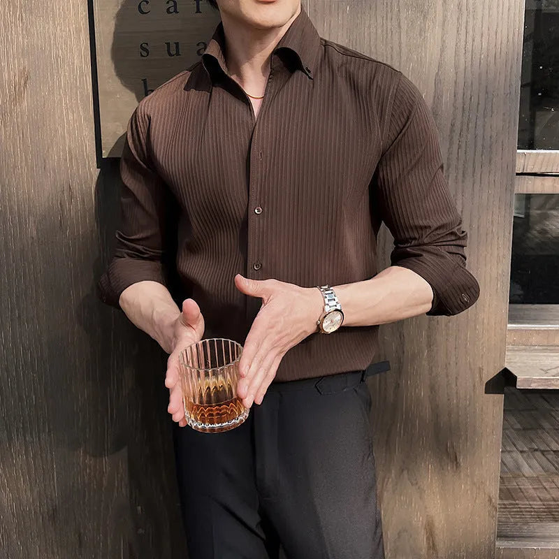 Men's striped V-neck long sleeve cardigan shirt in a chemical fibre blend.