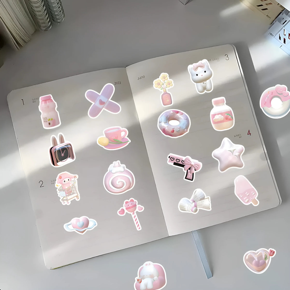 Pack of light pink 3D heart decorative stickers with a cute design, showing 63 pieces.
