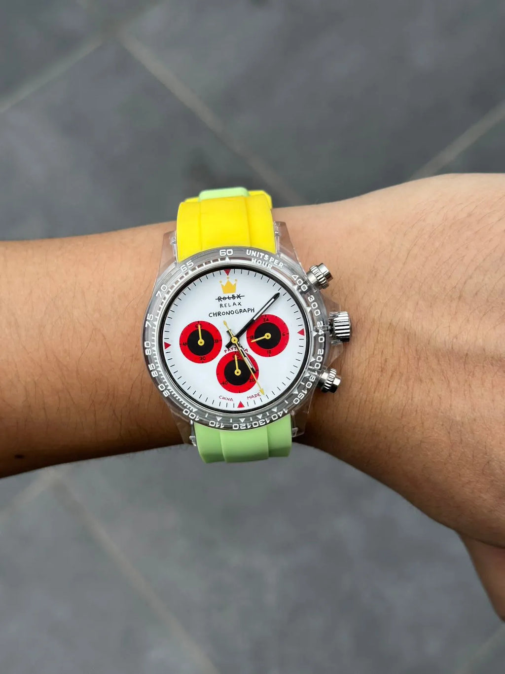 Panda Palette quartz chronograph watch with 36mm dial, steel strap, and luminous white dial