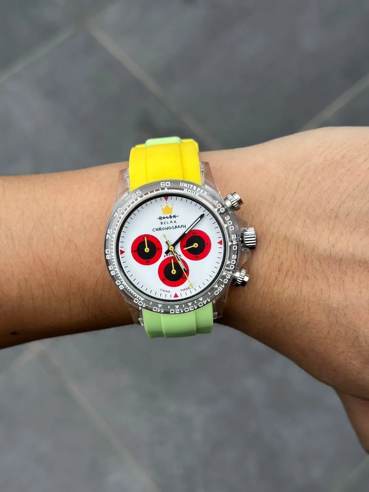 Panda Palette quartz chronograph watch with 36mm dial, steel strap, and luminous white dial