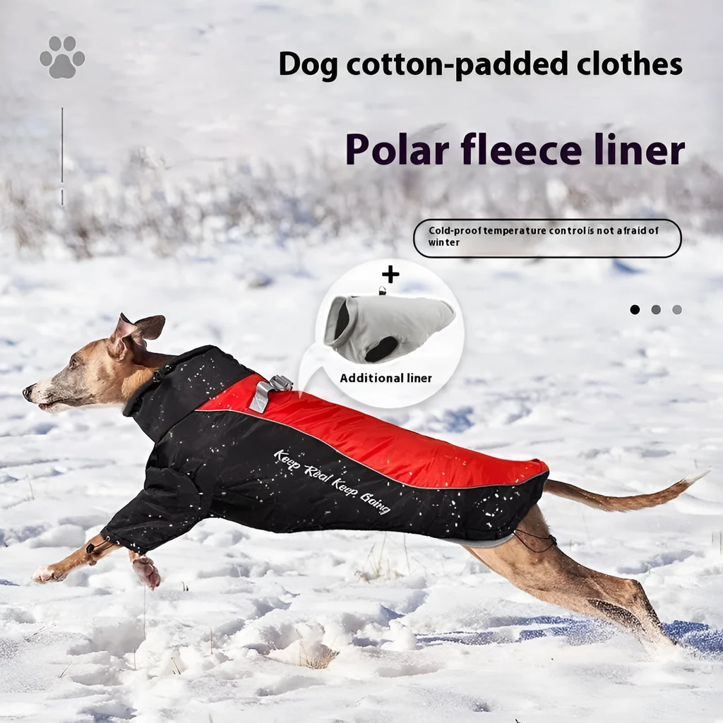 Polar fleece liner dog warm clothing jacket for large dogs with removable liner.