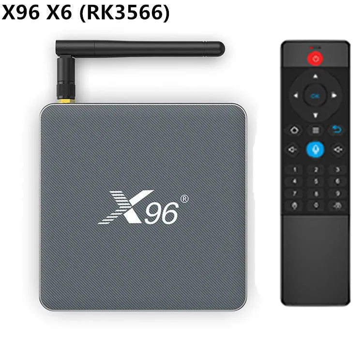 Android smart set-top box with remote control, HDMI cable, and power adapter on a table