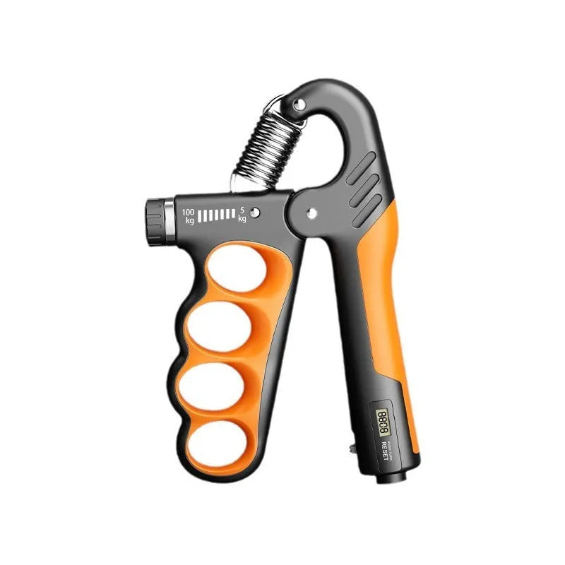 Electronic spring grip with digital counter display in orange, red, or grey colours