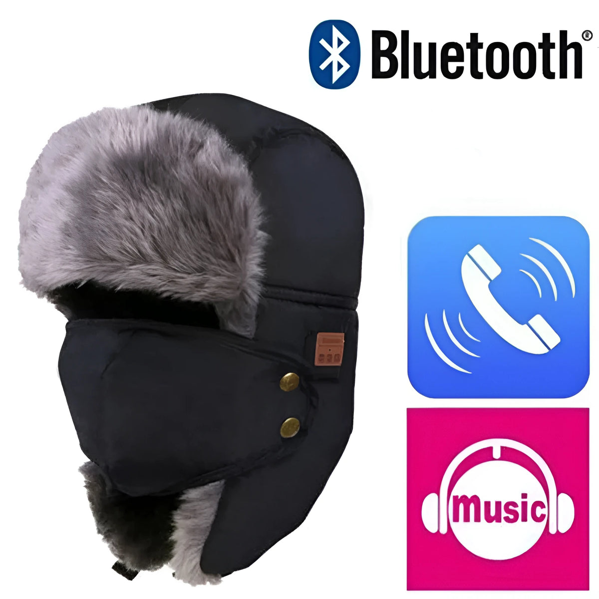 Bluetooth bomber hat with acrylic plush lining, Bluetooth 4.1, 10 m range, built-in earphones, black blue red.