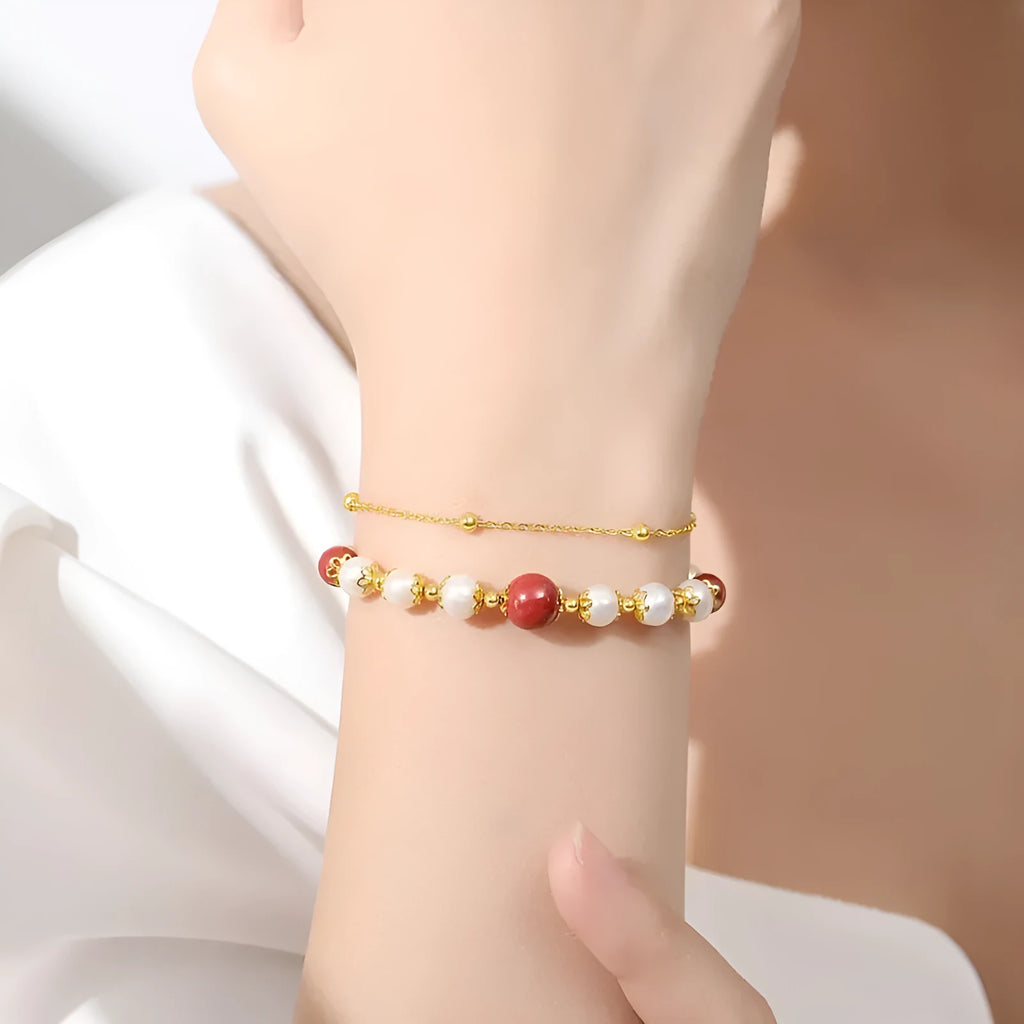 Sterling silver double-layer bracelet with freshwater pearls and cinnabar red bean charms