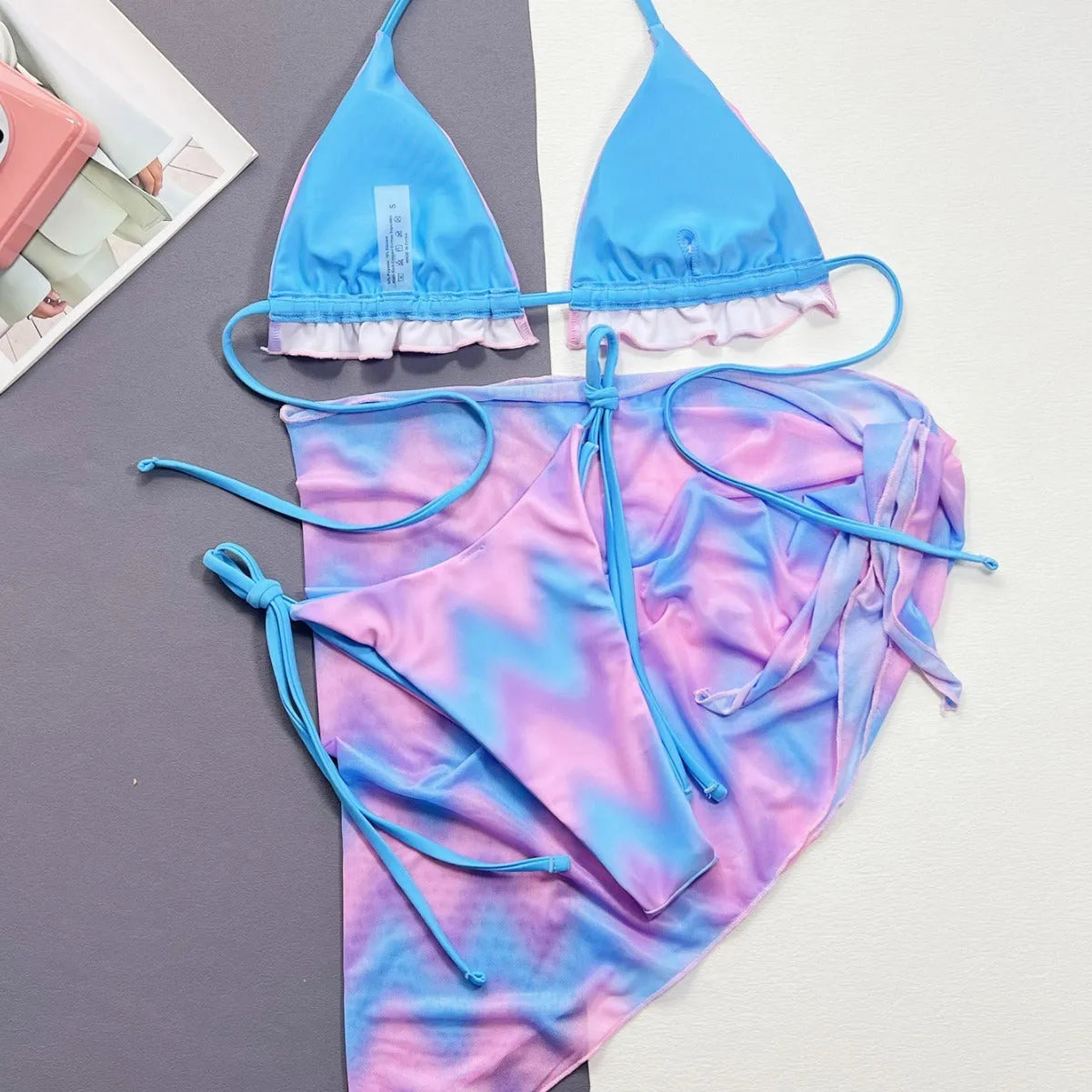 Women's split tie-dye swimsuit bikini set with polyester lining for swimming