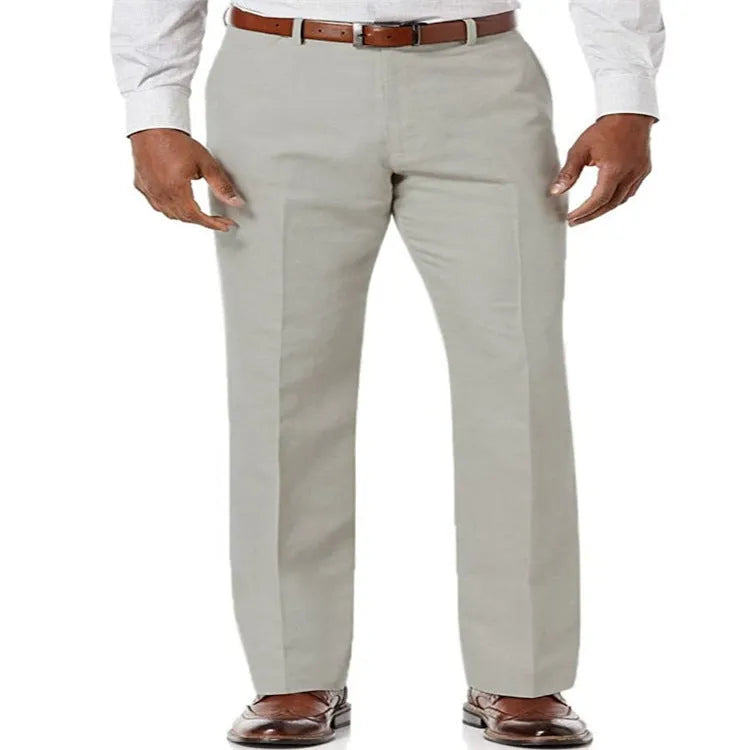 Men's beige white linen-cotton trousers with slant pockets laid flat.