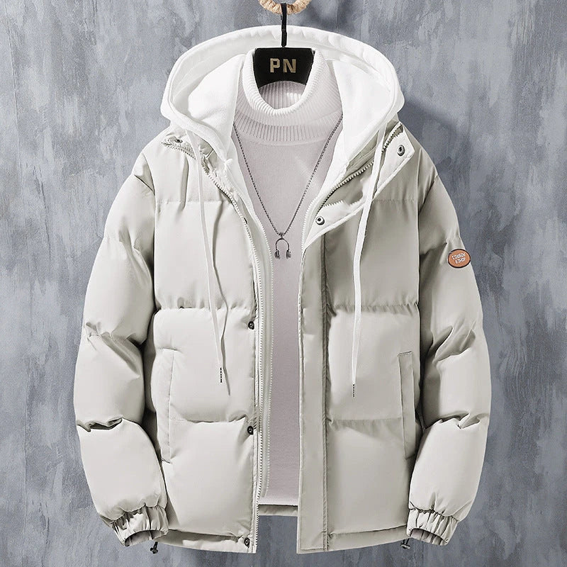 Premium polyester hooded jacket in various classic colors for men, offering warmth, wind protection, and a relaxed, versatile fit.