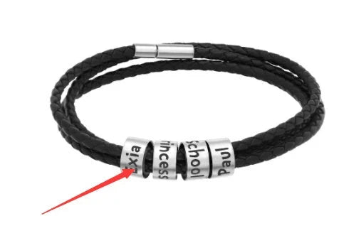 Personalized leather bracelet with engraved name charm for men, featuring a braided design and stainless steel beads