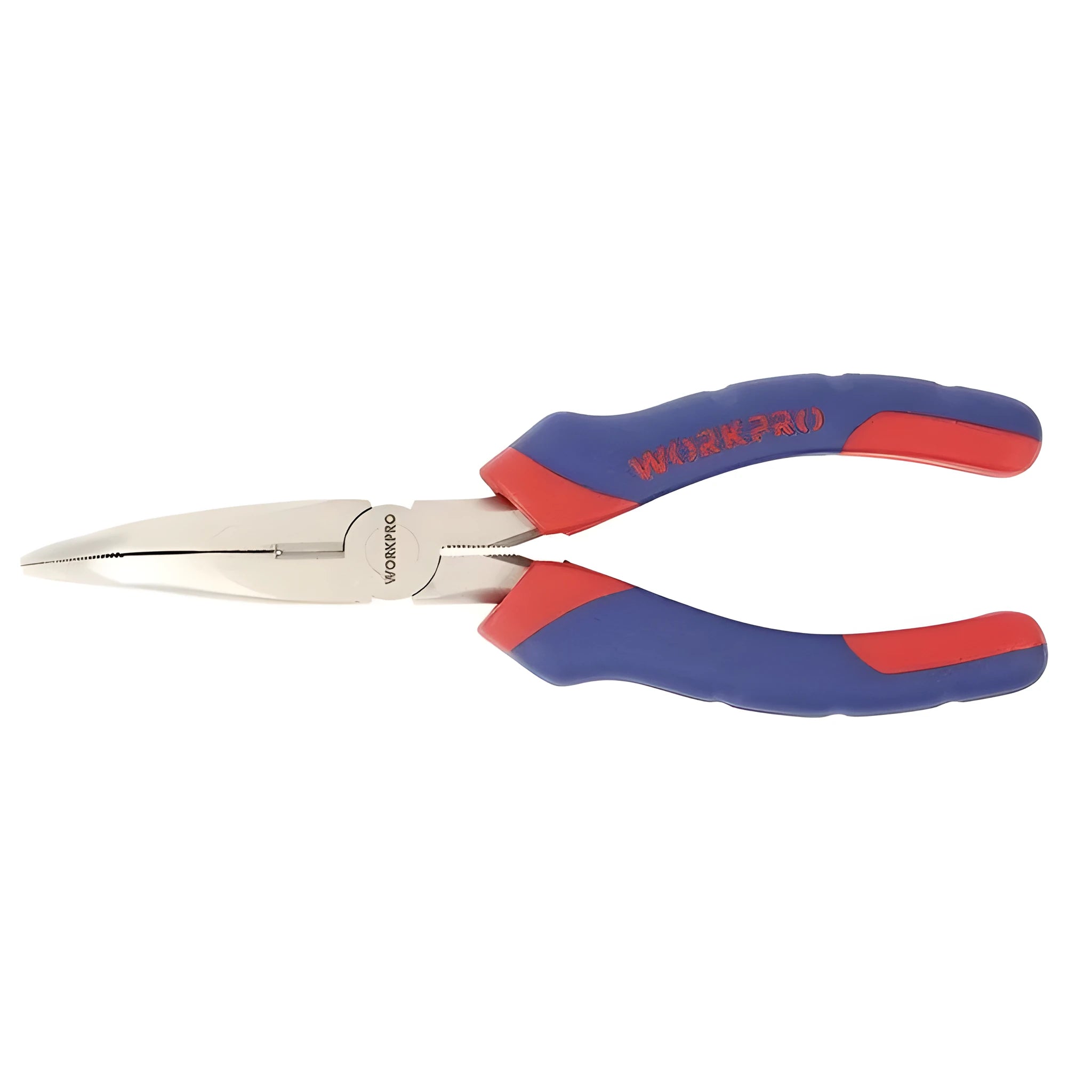 Blue and black handled curved nose pliers on a workbench, showing angled jaw tips.