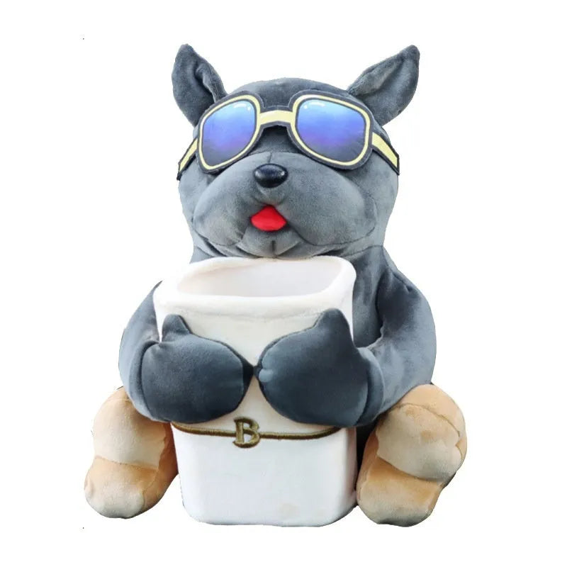 Plush car tissue box holder hanging in flip armrest compartment with dog character design