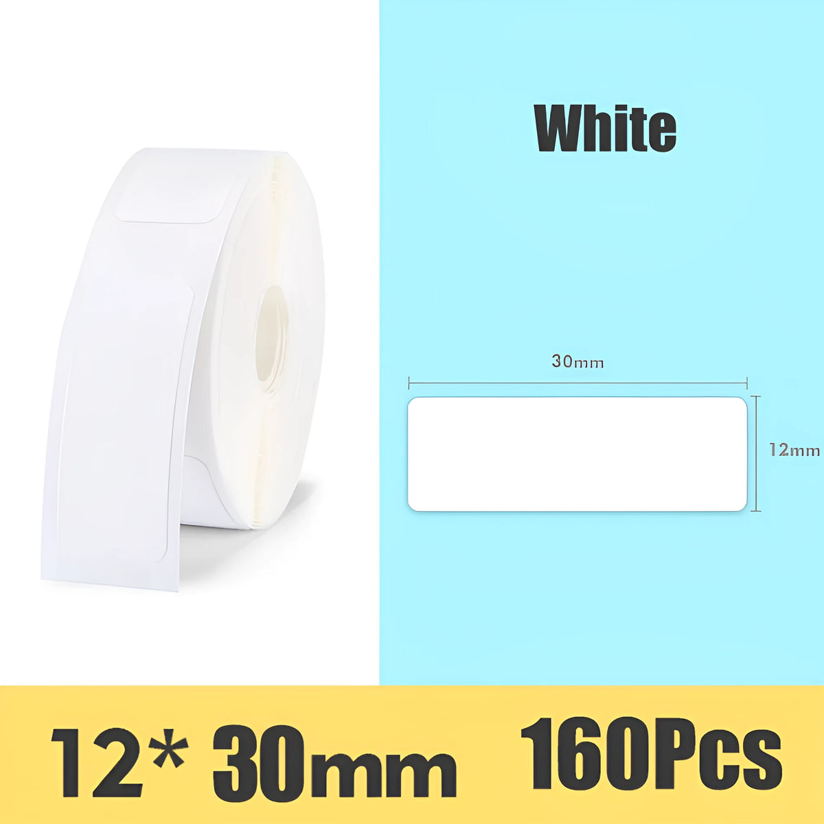 D11 waterproof thermal paper labels in white, green, blue, pink, and yellow sizes 12x30mm and 12x40mm