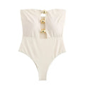 One-strap women's swimsuit with metal chest decoration slim fit in white