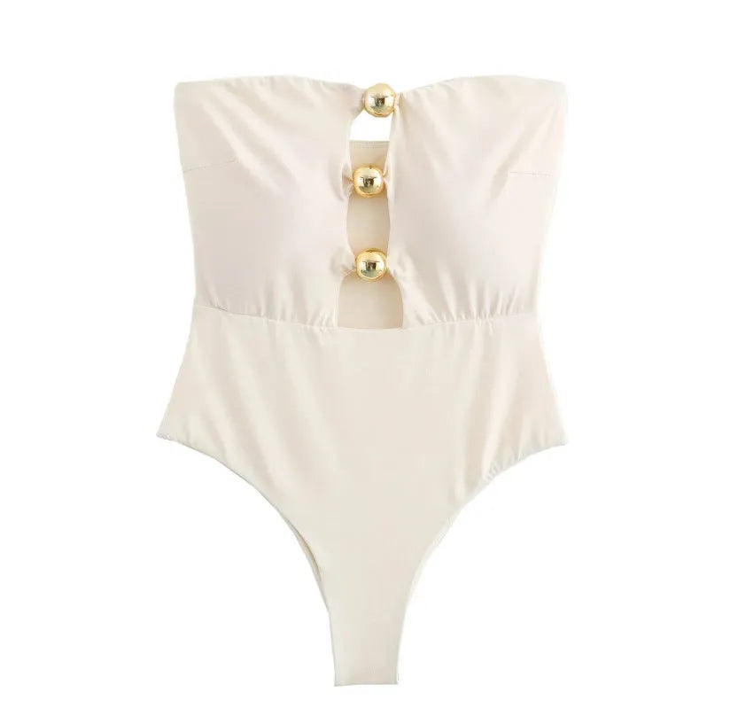 One-strap women's swimsuit with metal chest decoration slim fit in white