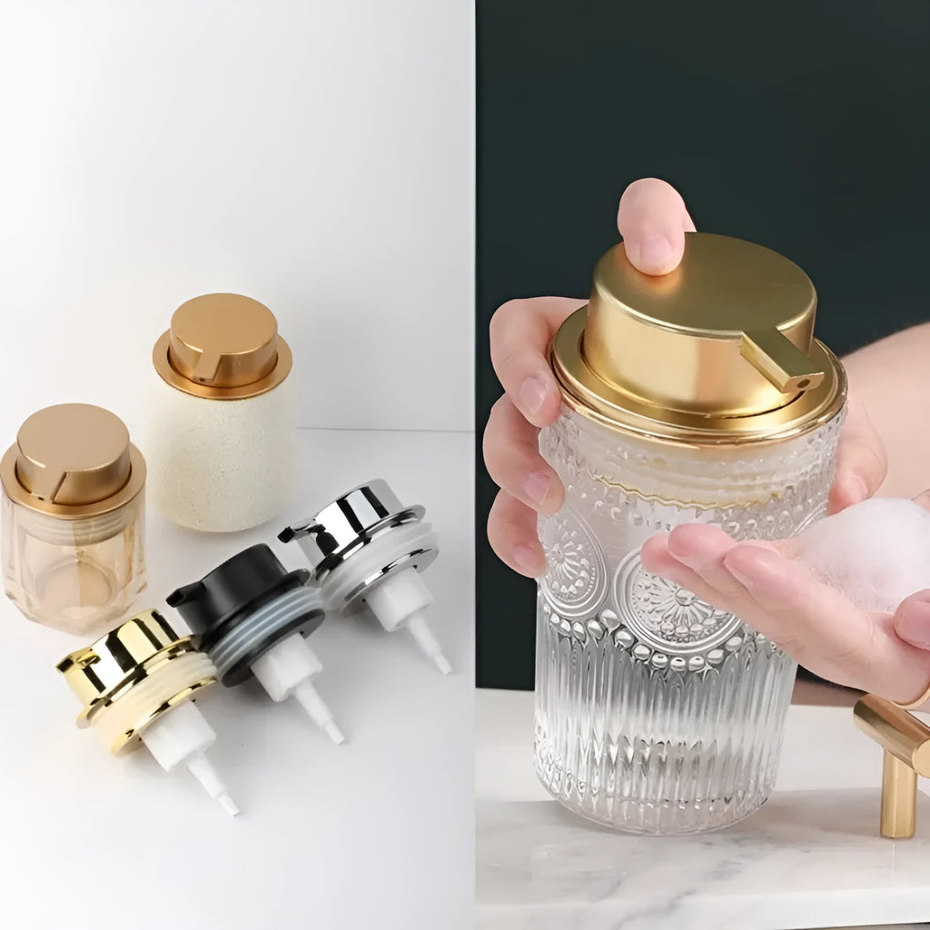 Large foam pump head for facial cleansers in metallic gold finish