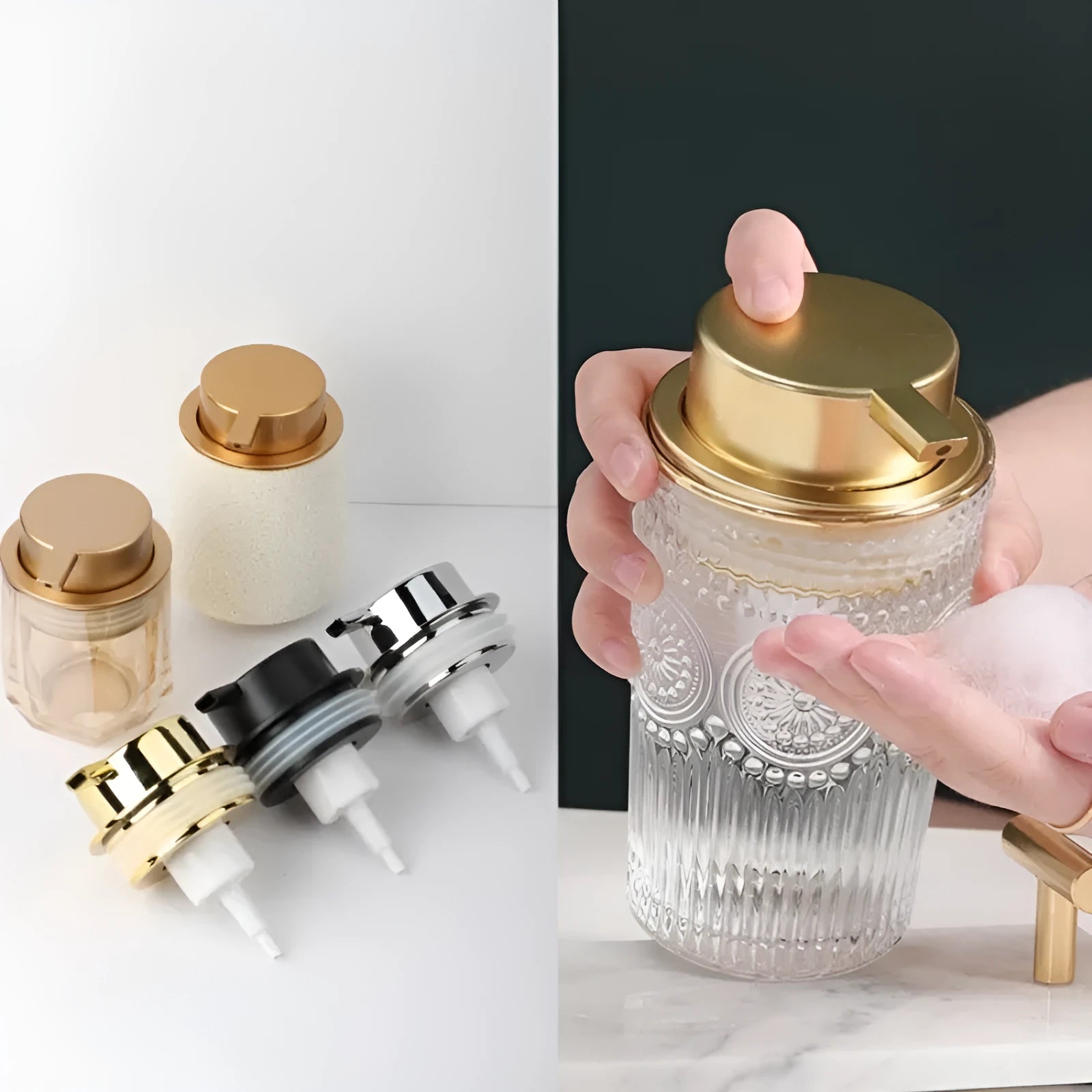Large foam pump head for facial cleansers in metallic gold finish