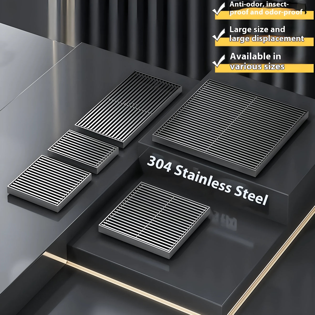 Gun grey 304 stainless steel courtyard floor drain with square grate, 15cm by 15cm.