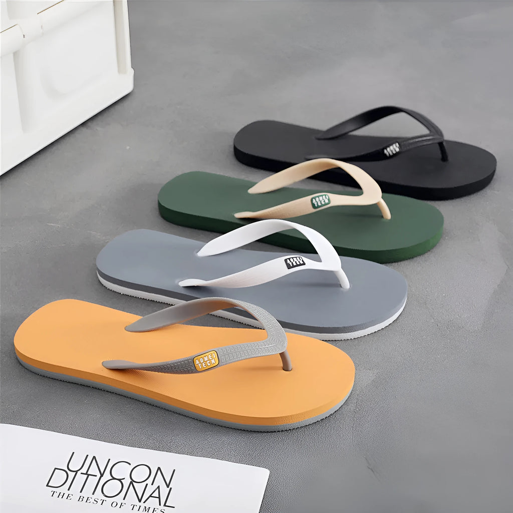 Men's black rubber flip-flop slipper with EVA upper and non-slip sole.