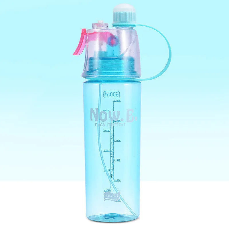 Green portable outdoor sports mist spray cup with handle, transparent scale, and spray mouth.