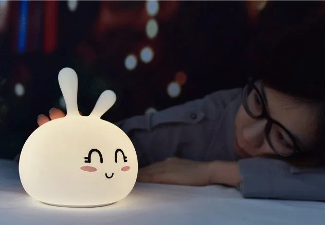 Marshmallow bunny LED night light with shy or happy face, 126x126x147mm, ABS and silicone construction
