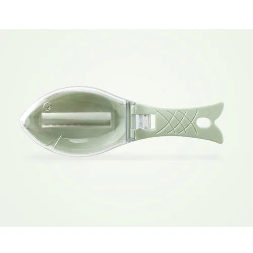 Fish-shaped scale scraper with cover in white, green, or blue colour options