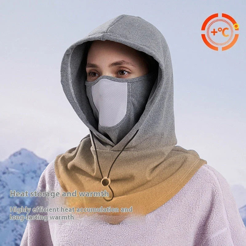 Versatile winter sports mask and hood made of soft, breathable fleece with adjustable drawstring for customized fit