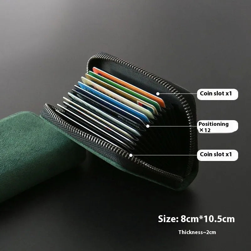 Men's suede card holder in grey, black, blue or green with 11 or 18 card positions, anti-degaussing, waterproof PU material.