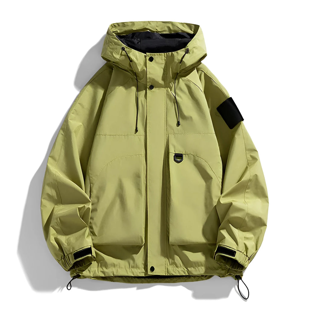 Men's black waterproof windproof hooded jacket on a hanger, showing long sleeves and front zip.